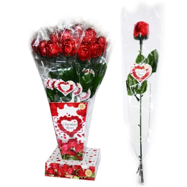 HOLLOW CHOC ROSE IN VASE 18X18GR
